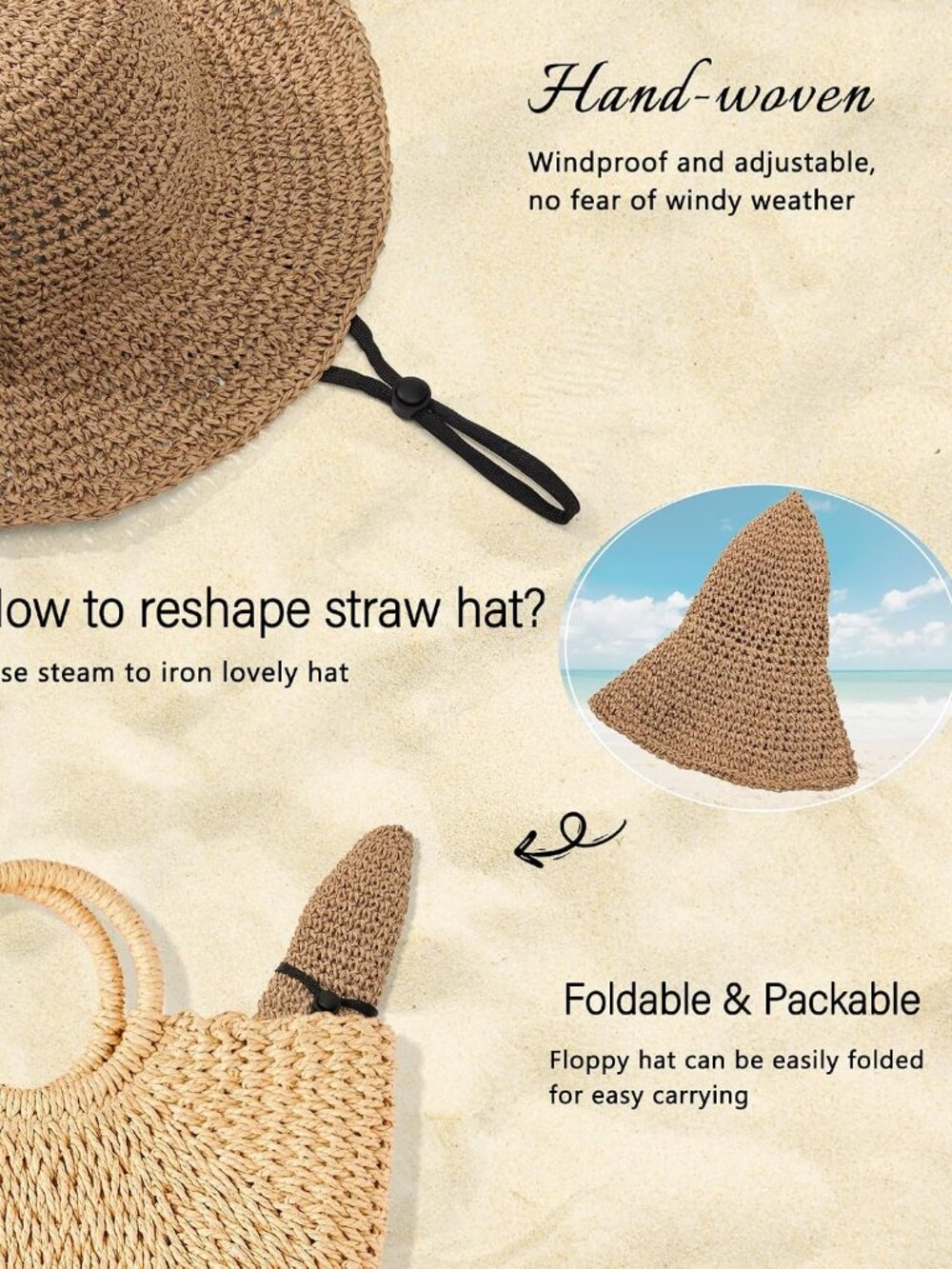Beach Straw Hats for Women, Handmade Floppy Bucket Sun Hat for Summer Vacation W - Picture 5 of 6
